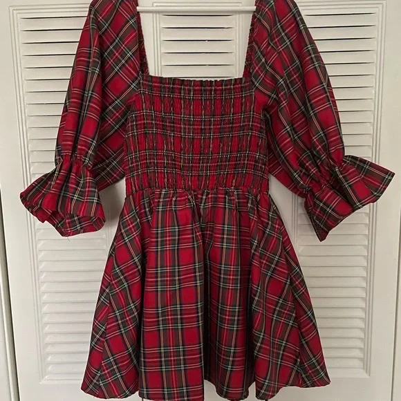 Plaid Red Christmas Dress Puff Sleeve - Picture 4 of 6